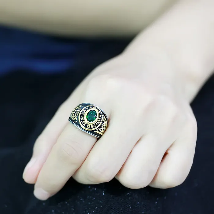 Rings Alamode TK3724 TwoTone IP Gold Ion Plating Stainless Steel Ring with Synthetic Synthetic Glass in Emerald