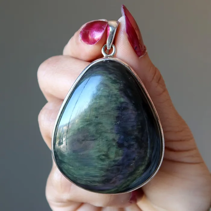 Satin Crystals Necklaces Rainbow Obsidian Pendant Big Protector Sterling Silver