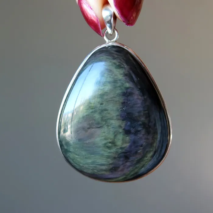 Satin Crystals Necklaces Rainbow Obsidian Pendant Big Protector Sterling Silver