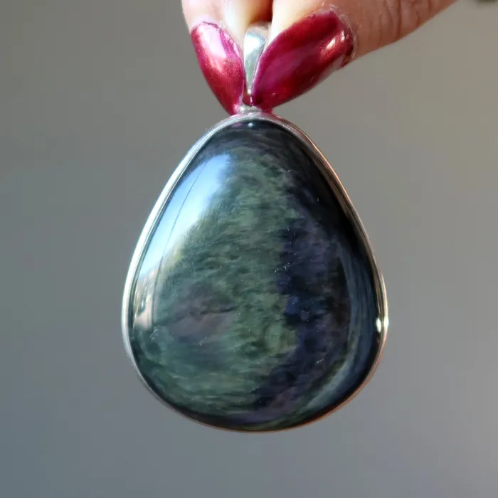 Satin Crystals Necklaces Rainbow Obsidian Pendant Big Protector Sterling Silver