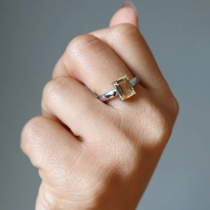 Satin Crystals Rings Citrine Ring Faceted Rectangle Money Gem White Bronze