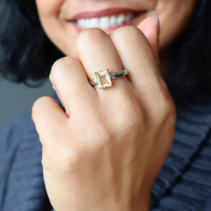 Satin Crystals Rings Citrine Ring Faceted Rectangle Money Gem White Bronze