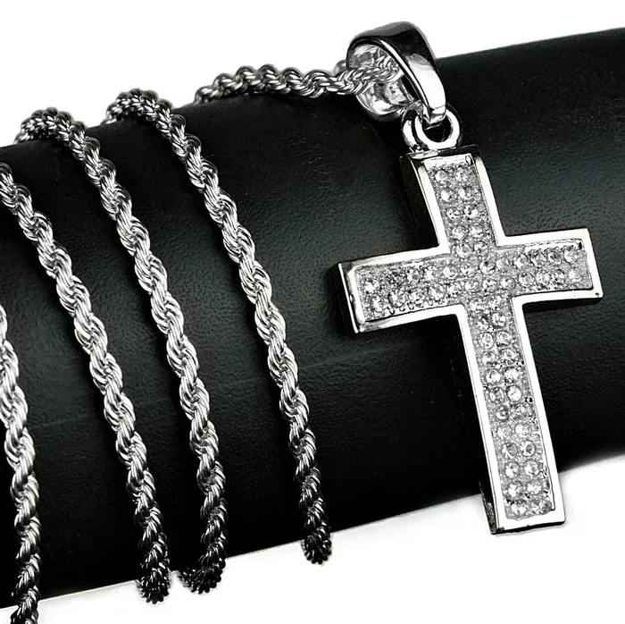 Silver Tone Iced Curved Micro Cross Rope Chain 24 Bling Cartel Admin Rings