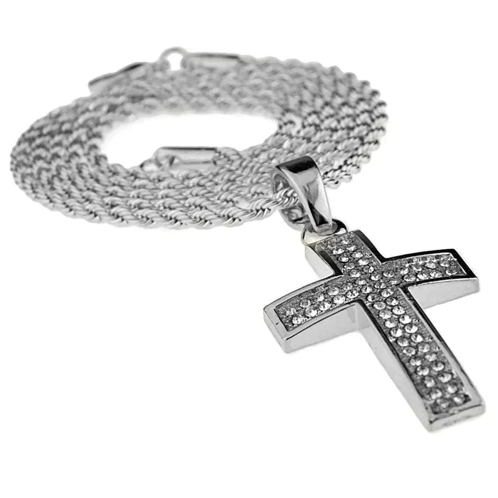 Silver Tone Iced Curved Micro Cross Rope Chain 24 Bling Cartel Admin Rings