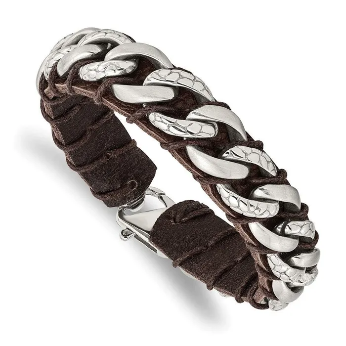 Stainless Steel Brushed Polished Textured Brown Leather 85in Bracelet Chisel Bracelets Stainless Steel Brushed Polished Textured Brown Leather 85in Bracelet Chisel Bracelets