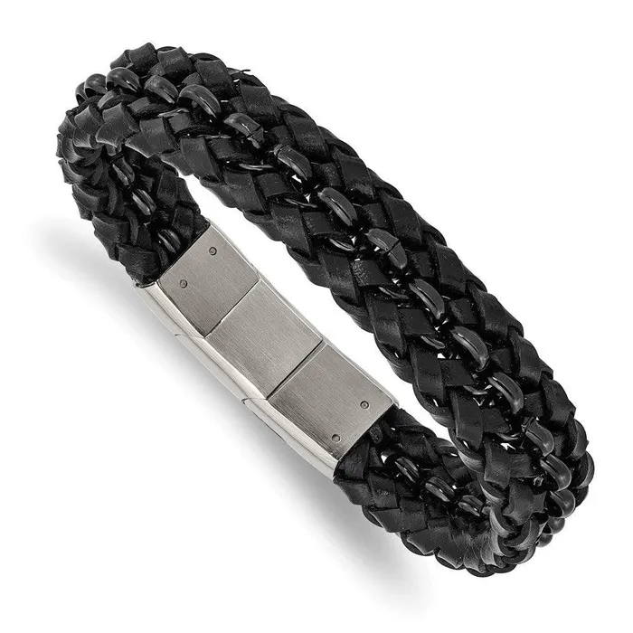 Stainless Steel Polished Black IPplated Black Leather w5in ext Bracelet Chisel Bracelets Stainless Steel Polished Black IPplated Black Leather w5in ext Bracelet Chisel Bracelets