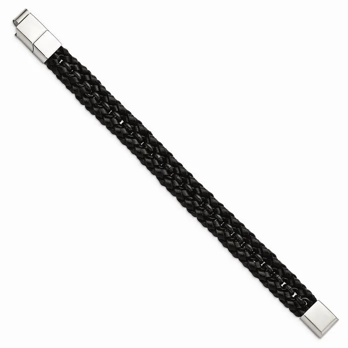 Stainless Steel Polished Black IPplated Black Leather w5in ext Bracelet Chisel Bracelets Stainless Steel Polished Black IPplated Black Leather w5in ext Bracelet Chisel Bracelets