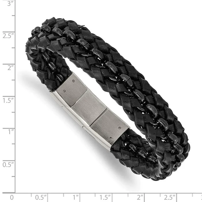Stainless Steel Polished Black IPplated Black Leather w5in ext Bracelet Chisel Bracelets Stainless Steel Polished Black IPplated Black Leather w5in ext Bracelet Chisel Bracelets