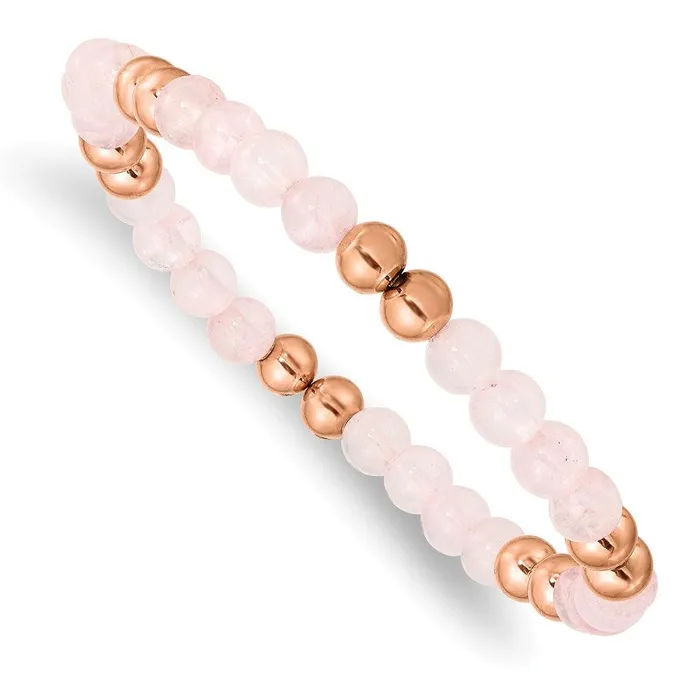 Stainless Steel Polished Rose IPplated Pink Quartz Beaded Stretch Bracelet Chisel Bracelets Stainless Steel Polished Rose IPplated Pink Quartz Beaded Stretch Bracelet Chisel Bracelets