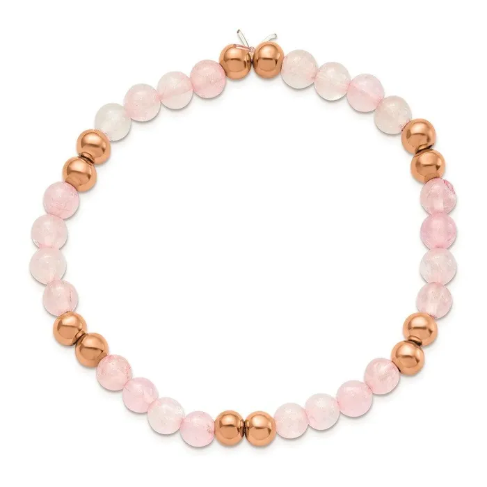 Stainless Steel Polished Rose IPplated Pink Quartz Beaded Stretch Bracelet Chisel Bracelets