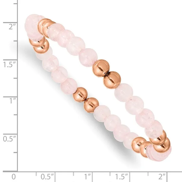 Stainless Steel Polished Rose IPplated Pink Quartz Beaded Stretch Bracelet Chisel Bracelets
