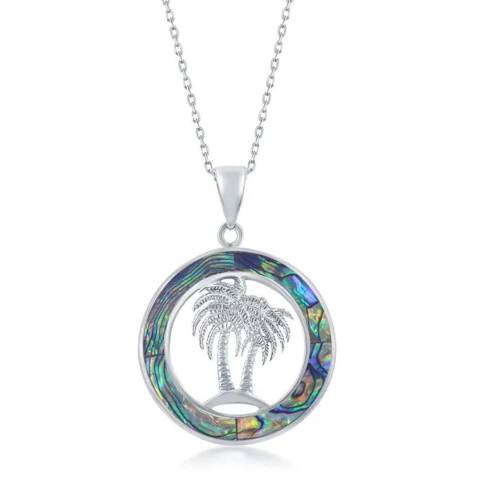 Sterling Silver Palm Trees Abalone Pendant Chain Classic Necklaces