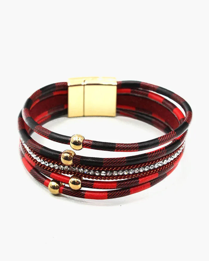120722 Bracelets Plaid Print Layered Magnetic Link Bracelet