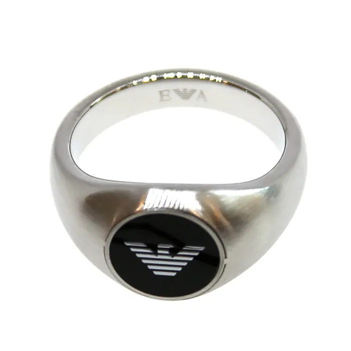 Armani MenS Ring Stainless Steel Silver With Black Circle On Top Brand Logo Size 115 Armani Rings