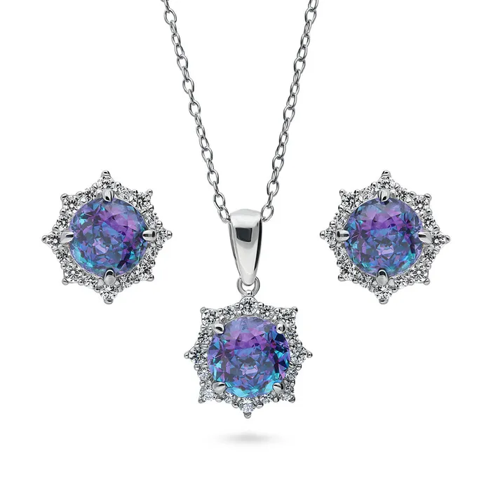 BERRICLE Earrings Sunburst Halo Purple Aqua CZ Set in Sterling Silver