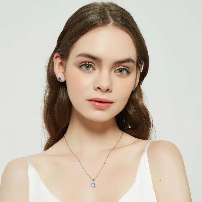 BERRICLE Earrings Sunburst Halo Purple Aqua CZ Set in Sterling Silver