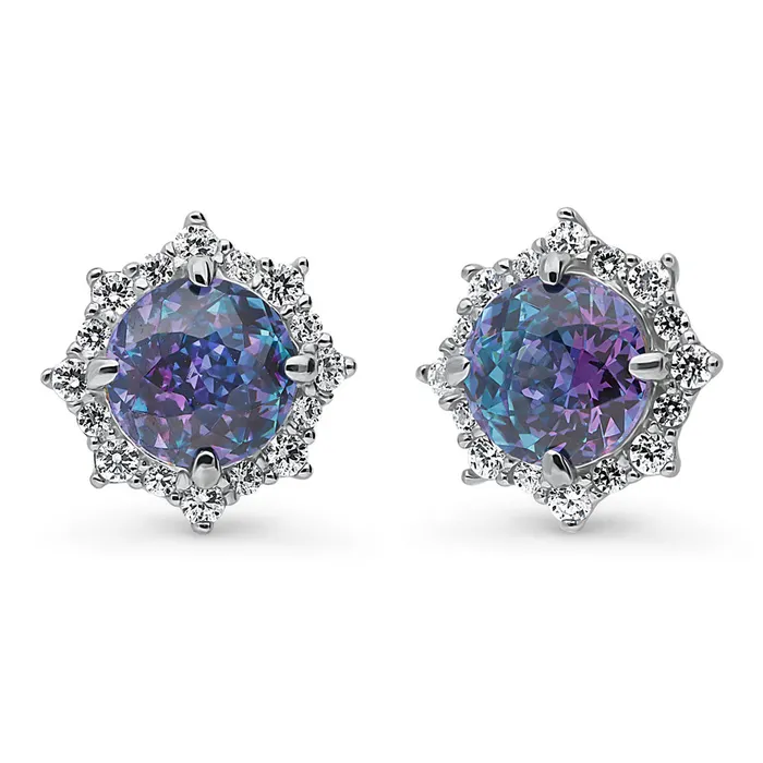 BERRICLE Earrings Sunburst Halo Purple Aqua CZ Set in Sterling Silver