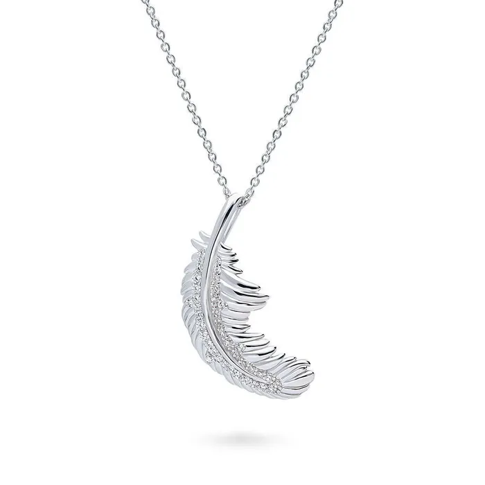 BERRICLE Necklaces Feather CZ Necklace and Earrings in Sterling Silver