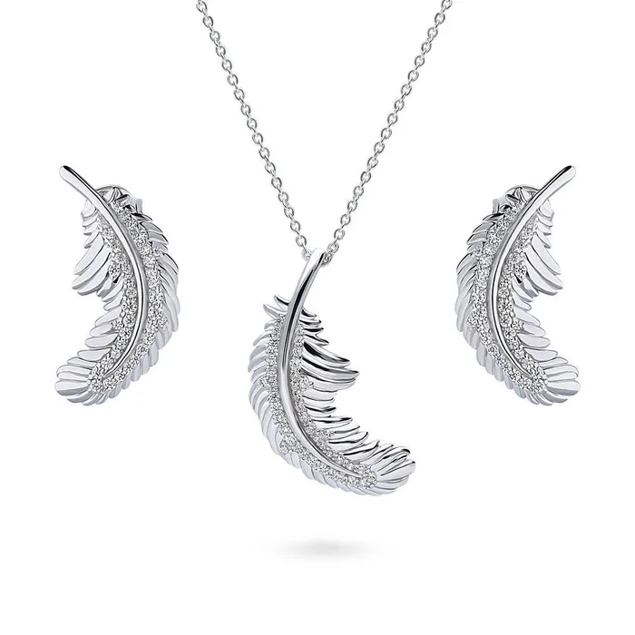 BERRICLE Necklaces Feather CZ Necklace and Earrings in Sterling Silver