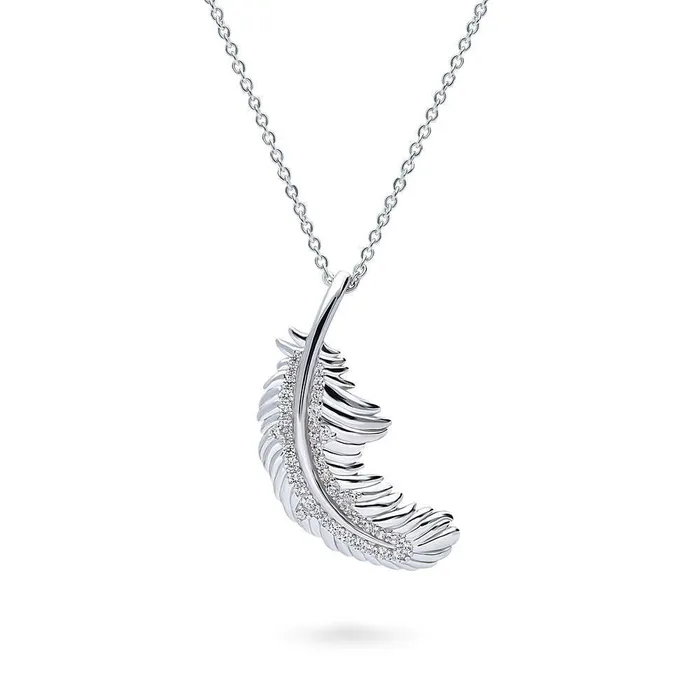 BERRICLE Necklaces Feather CZ Necklace and Earrings in Sterling Silver