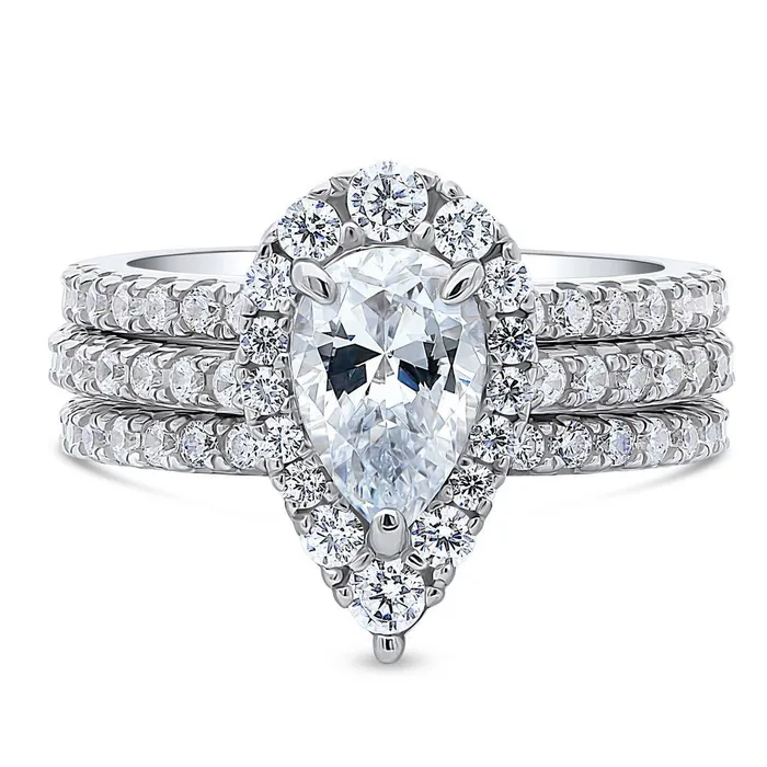 BERRICLE Rings Halo Pear CZ Ring Set in Sterling Silver