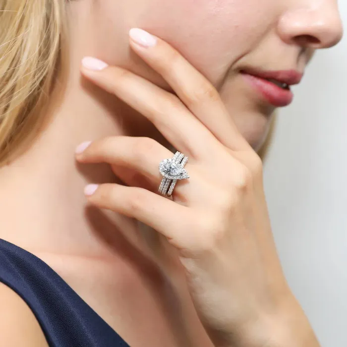 BERRICLE Rings Halo Pear CZ Ring Set in Sterling Silver