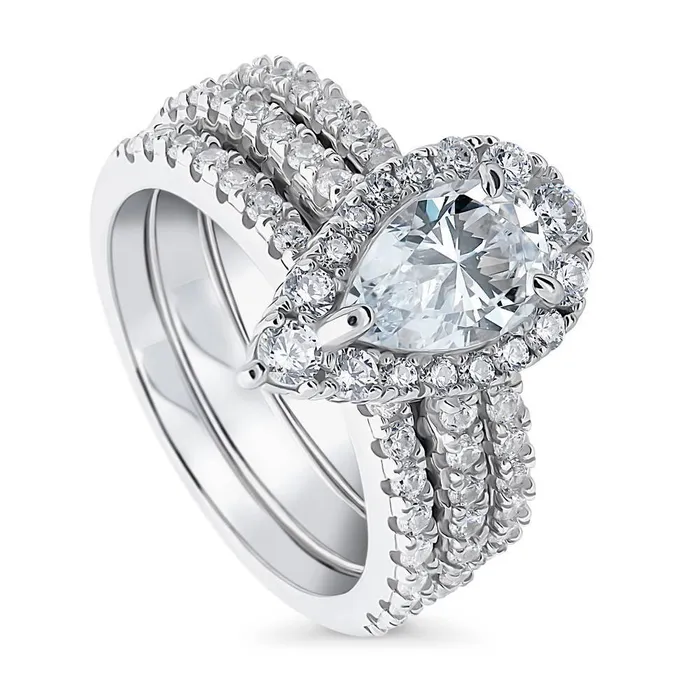 BERRICLE Rings Halo Pear CZ Ring Set in Sterling Silver