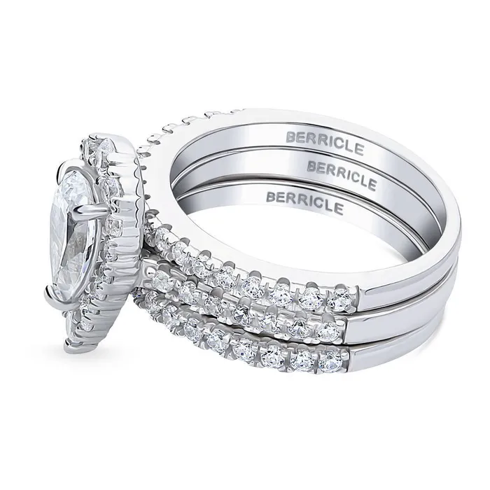 BERRICLE Rings Halo Pear CZ Ring Set in Sterling Silver