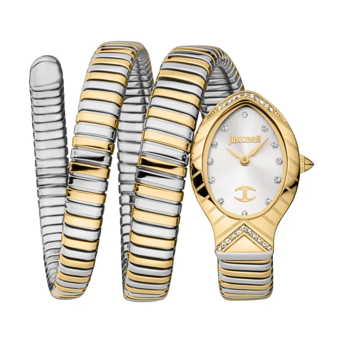 Bracelets Just Cavalli Just Cavalli Snake Shape Womens Watch Gold Color Case Silver Dial Two Tone Bracelet Bracelets Just Cavalli Just Cavalli Snake Shape Womens Watch Gold Color Case Silver Dial Two Tone Bracelet