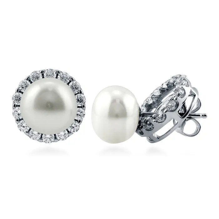 Earrings BERRICLE Halo Button Cultured Pearl Stud Earrings in Sterling Silver Earrings BERRICLE Halo Button Cultured Pearl Stud Earrings in Sterling Silver