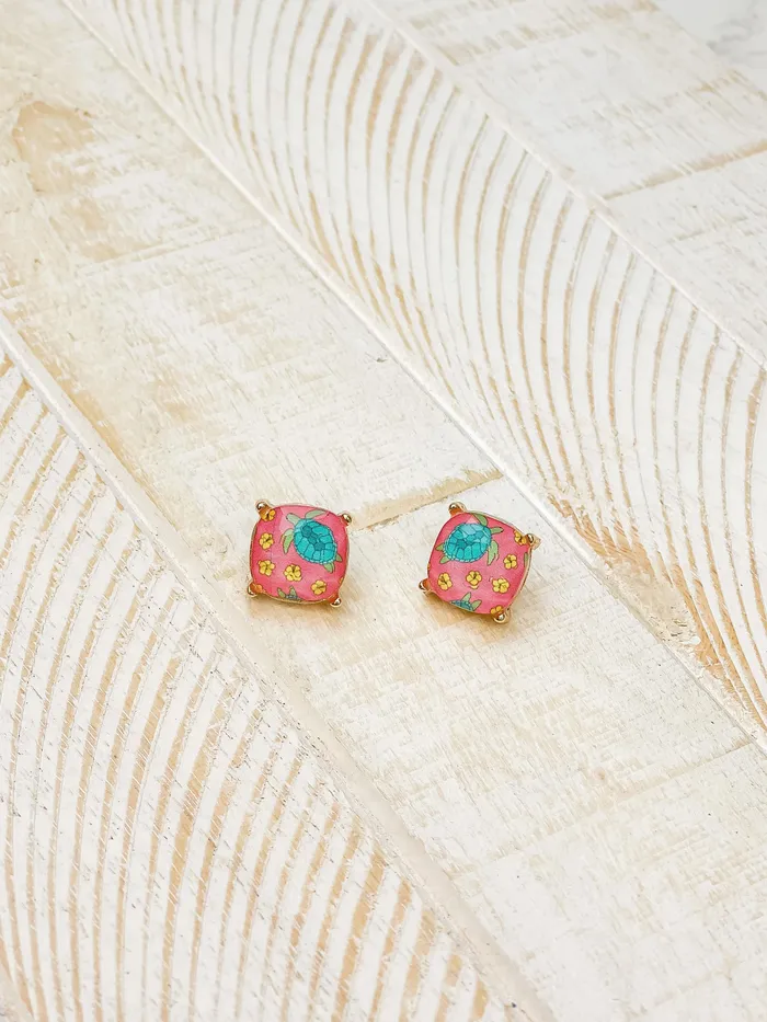 Earrings Prep Obsessed RNK Hibiscus Turtle Printed Stud Earrings
