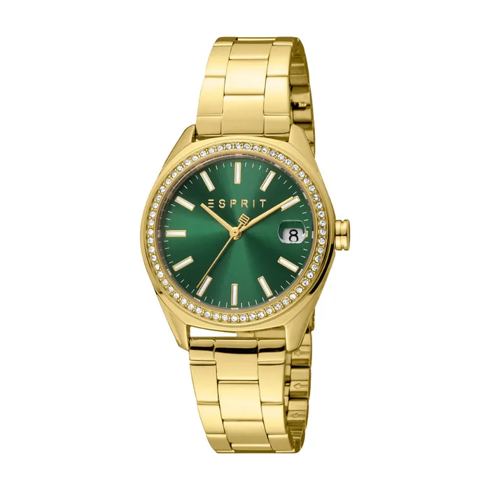 Esprit Watches ESPRIT Womens Gold Color Watch with Dark Green Dial and Date Function Esprit Watches ESPRIT Womens Gold Color Watch with Dark Green Dial and Date Function