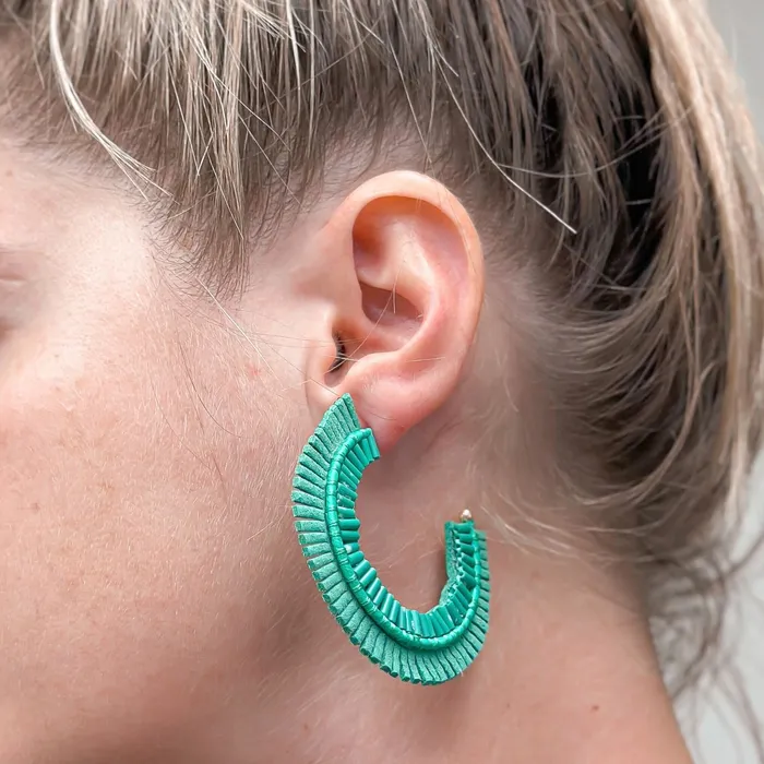 Prep Obsessed CT Earrings Suede Fringe Beaded Hoop Earrings Green