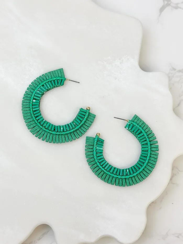 Prep Obsessed CT Earrings Suede Fringe Beaded Hoop Earrings Green