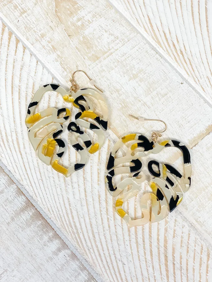 Prep Obsessed MONT Acrylic Palm Leaf Dangle Earrings Beige Multi Earrings