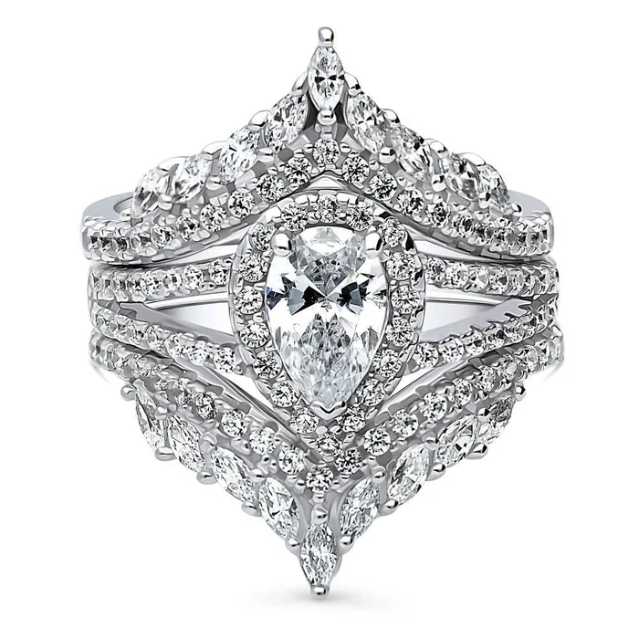 Rings Halo Wishbone Pear CZ Split Shank Ring Set in Sterling Silver BERRICLE