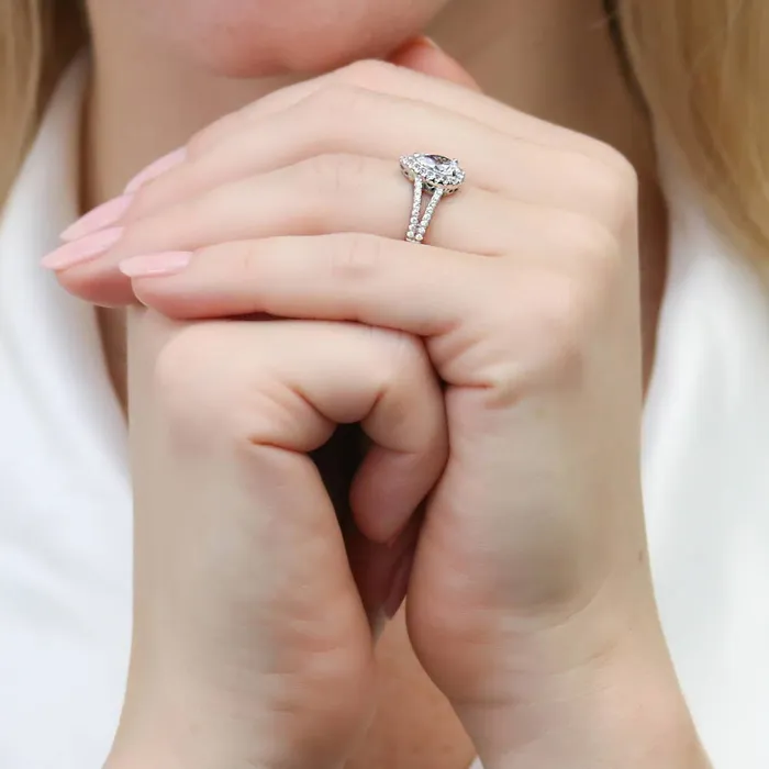 Rings Halo Wishbone Pear CZ Split Shank Ring Set in Sterling Silver BERRICLE