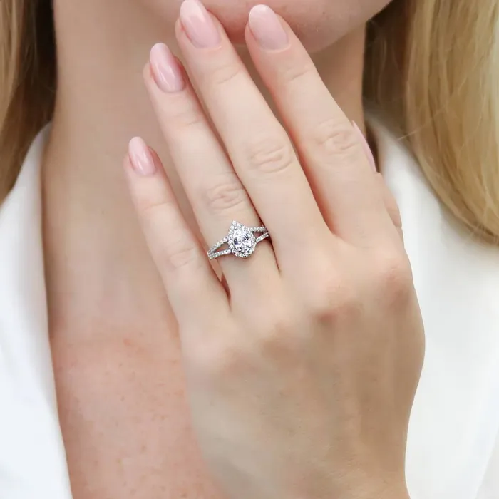 Rings Halo Wishbone Pear CZ Split Shank Ring Set in Sterling Silver BERRICLE