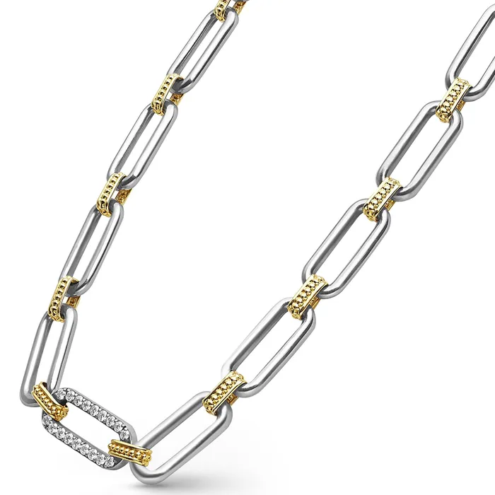 Signature Caviar TwoTone Link Single Station Diamond Necklace LAGOS Necklaces Signature Caviar TwoTone Link Single Station Diamond Necklace LAGOS Necklaces