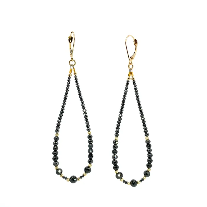 14k Gold Bead and Graduated Black Diamond Symmetrical Earrings Q Evon Earrings 14k Gold Bead and Graduated Black Diamond Symmetrical Earrings Q Evon Earrings