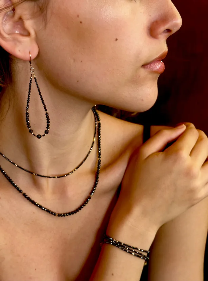 14k Gold Bead and Graduated Black Diamond Symmetrical Earrings Q Evon Earrings
