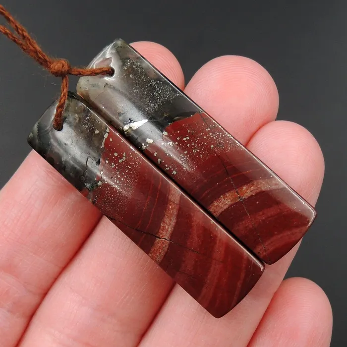 Drilled Earring Pair Stone Natural African Bloodstone Pyrite Matched Cabochon Pair Cab Pair Symmetrical Rectangle Shaped Earring Beads E3080 Intrinsic Trading Earrings