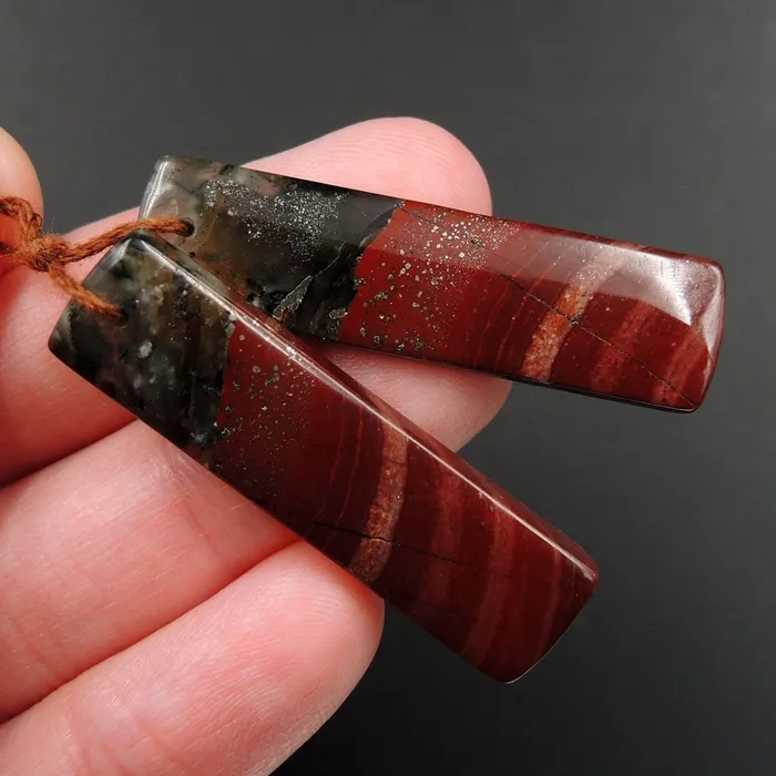 Drilled Earring Pair Stone Natural African Bloodstone Pyrite Matched Cabochon Pair Cab Pair Symmetrical Rectangle Shaped Earring Beads E3080 Intrinsic Trading Earrings
