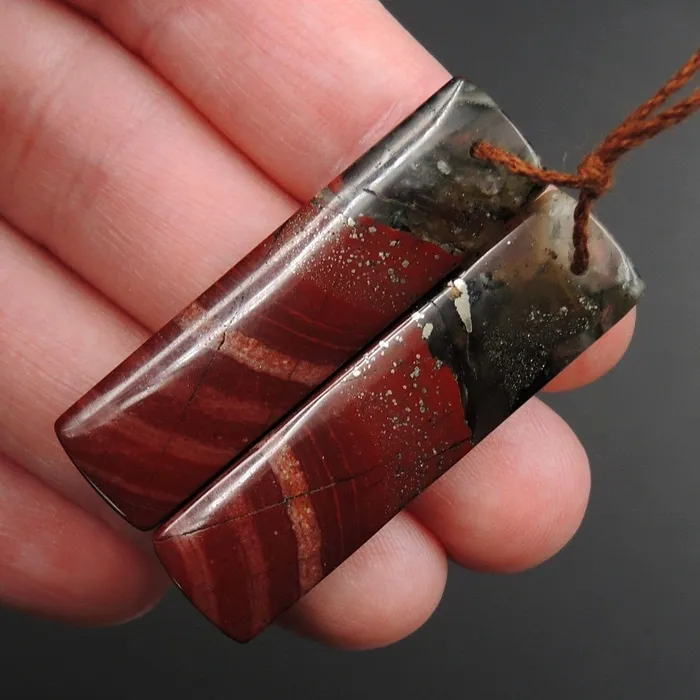 Drilled Earring Pair Stone Natural African Bloodstone Pyrite Matched Cabochon Pair Cab Pair Symmetrical Rectangle Shaped Earring Beads E3080 Intrinsic Trading Earrings