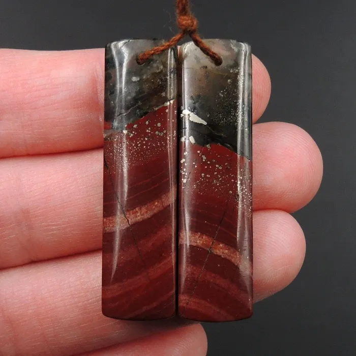 Drilled Earring Pair Stone Natural African Bloodstone Pyrite Matched Cabochon Pair Cab Pair Symmetrical Rectangle Shaped Earring Beads E3080 Intrinsic Trading Earrings