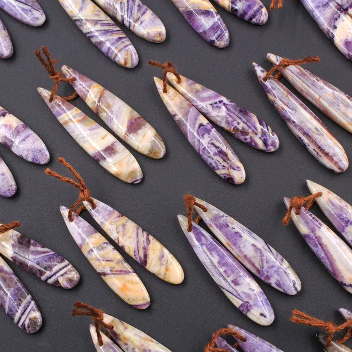 Earrings Intrinsic Trading Natural Petrified Purple Fluorite Earring Pair Skinny Long Teardrop Cabochon Cab Pair Drilled Matched Earrings Bead Pair Stone
