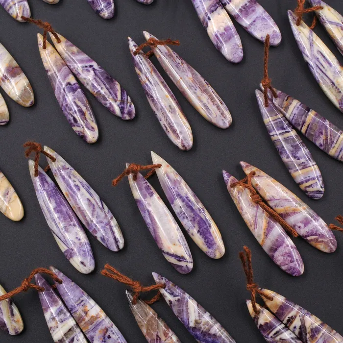 Earrings Intrinsic Trading Natural Petrified Purple Fluorite Earring Pair Skinny Long Teardrop Cabochon Cab Pair Drilled Matched Earrings Bead Pair Stone