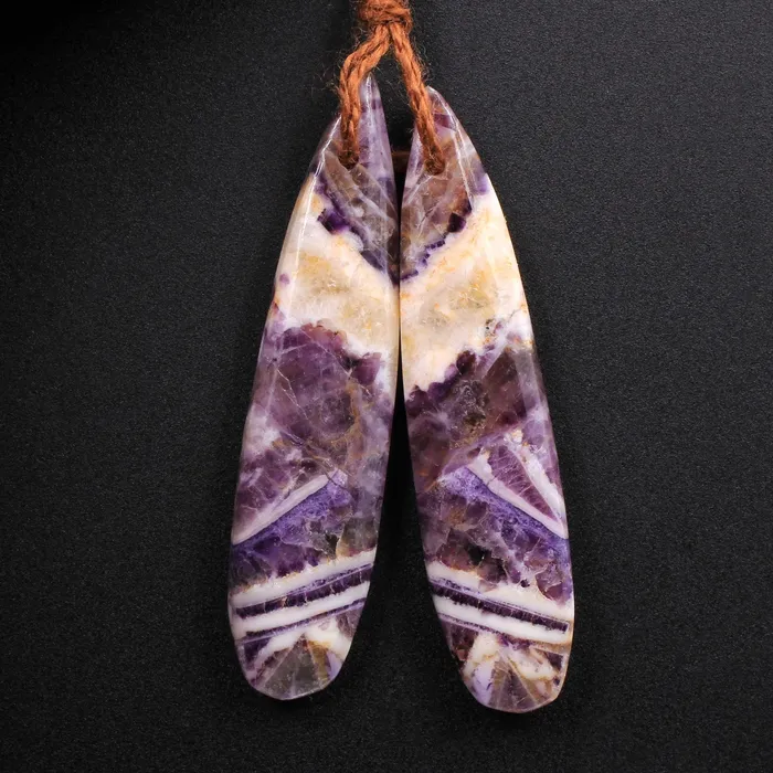 Earrings Intrinsic Trading Natural Petrified Purple Fluorite Earring Pair Skinny Long Teardrop Cabochon Cab Pair Drilled Matched Earrings Bead Pair Stone