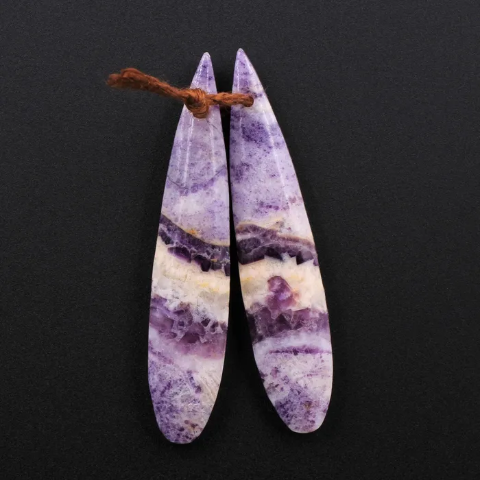 Earrings Intrinsic Trading Natural Petrified Purple Fluorite Earring Pair Skinny Long Teardrop Cabochon Cab Pair Drilled Matched Earrings Bead Pair Stone