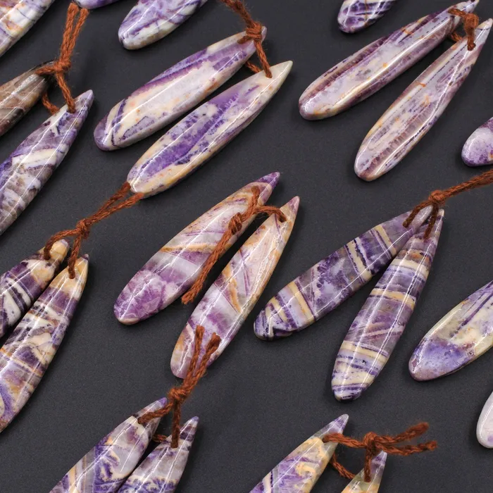 Earrings Intrinsic Trading Natural Petrified Purple Fluorite Earring Pair Skinny Long Teardrop Cabochon Cab Pair Drilled Matched Earrings Bead Pair Stone